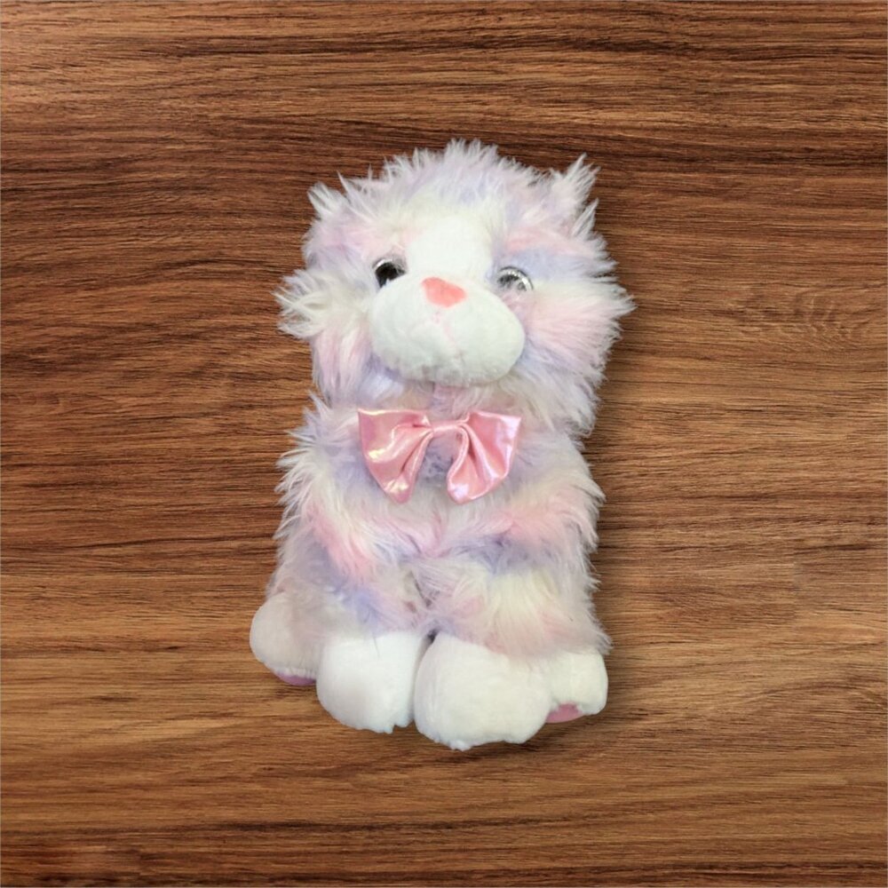Burton + Burton Plush Furry Pastel Cat With Pink‎ Bow 10"stuffed animal toy